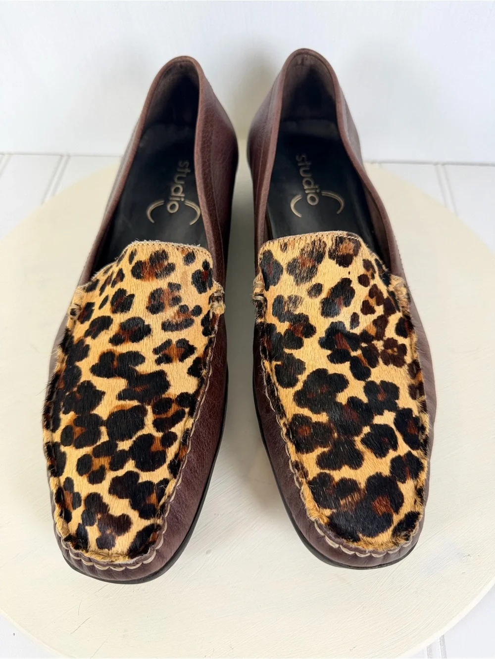Vintage Studio C Womens Brown Leather Cheetah Calf Hair Slip-on Loafers Sz 41/10
